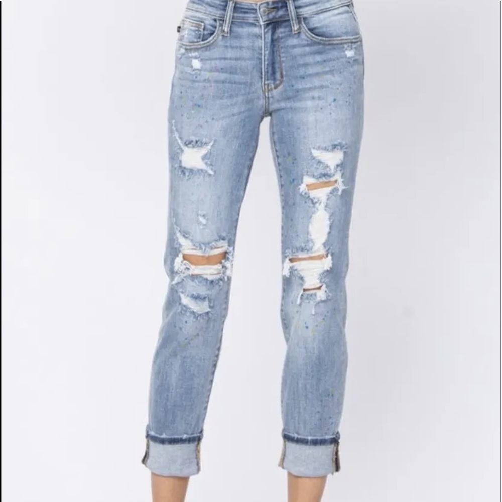 Rainbow Paint Splatter Destroyed Boyfriend Capri